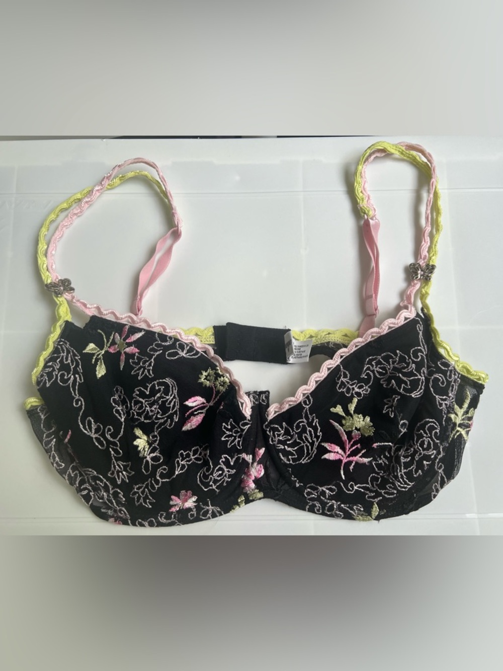 RAVAGE DESIGNED Black Floral Embroidered Women's Bra with Pink & Yellow Accents